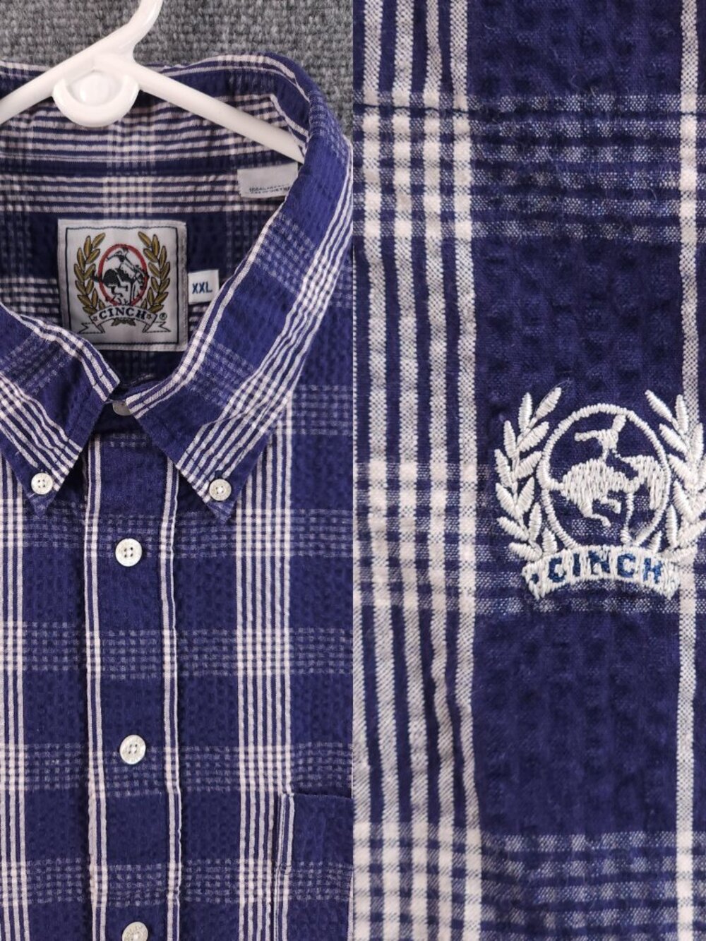 Cinch Seersucker Heavyweight Cotton 2XL Button-Down Plaid Blue Cowboy Mens Shirt